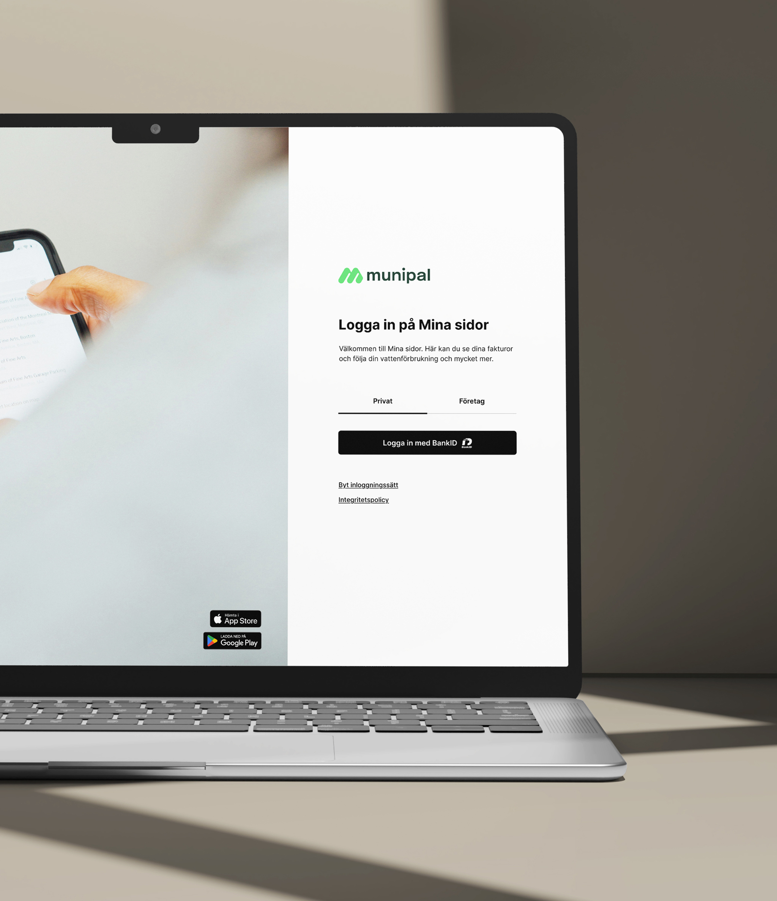 Log in skärm Munipal webb